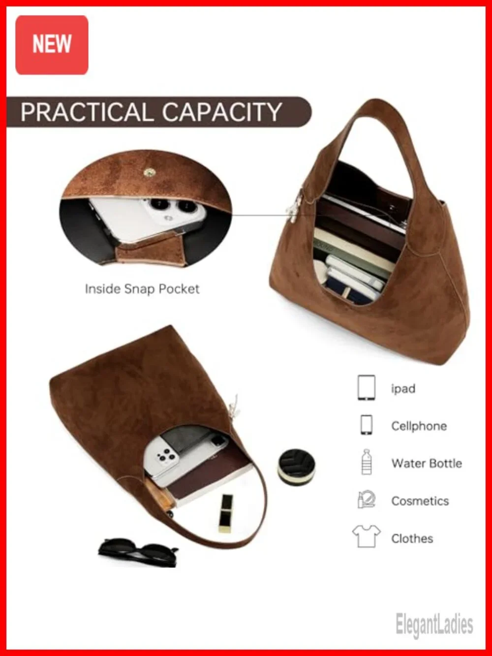 Soft Suede Slouchy Hobo Shoulder Bag Lightweight Tote Purse